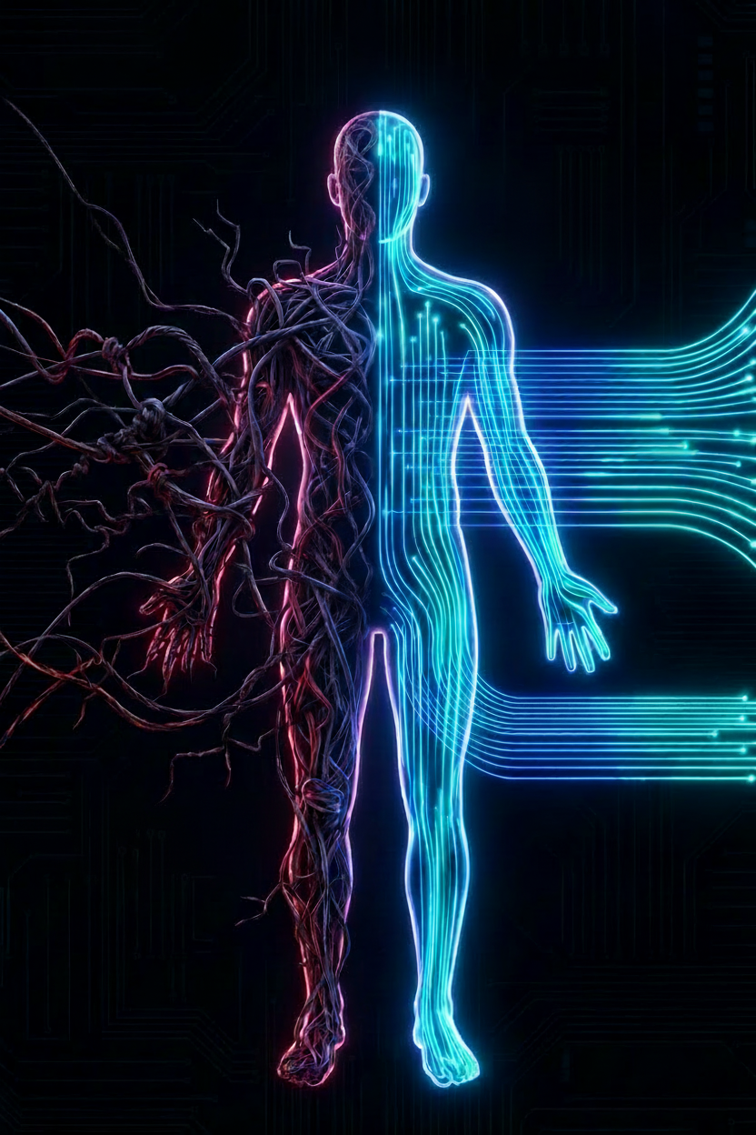 Image depicting energy patterns on the left all tangled up, and on the right they are even and no longer tangled