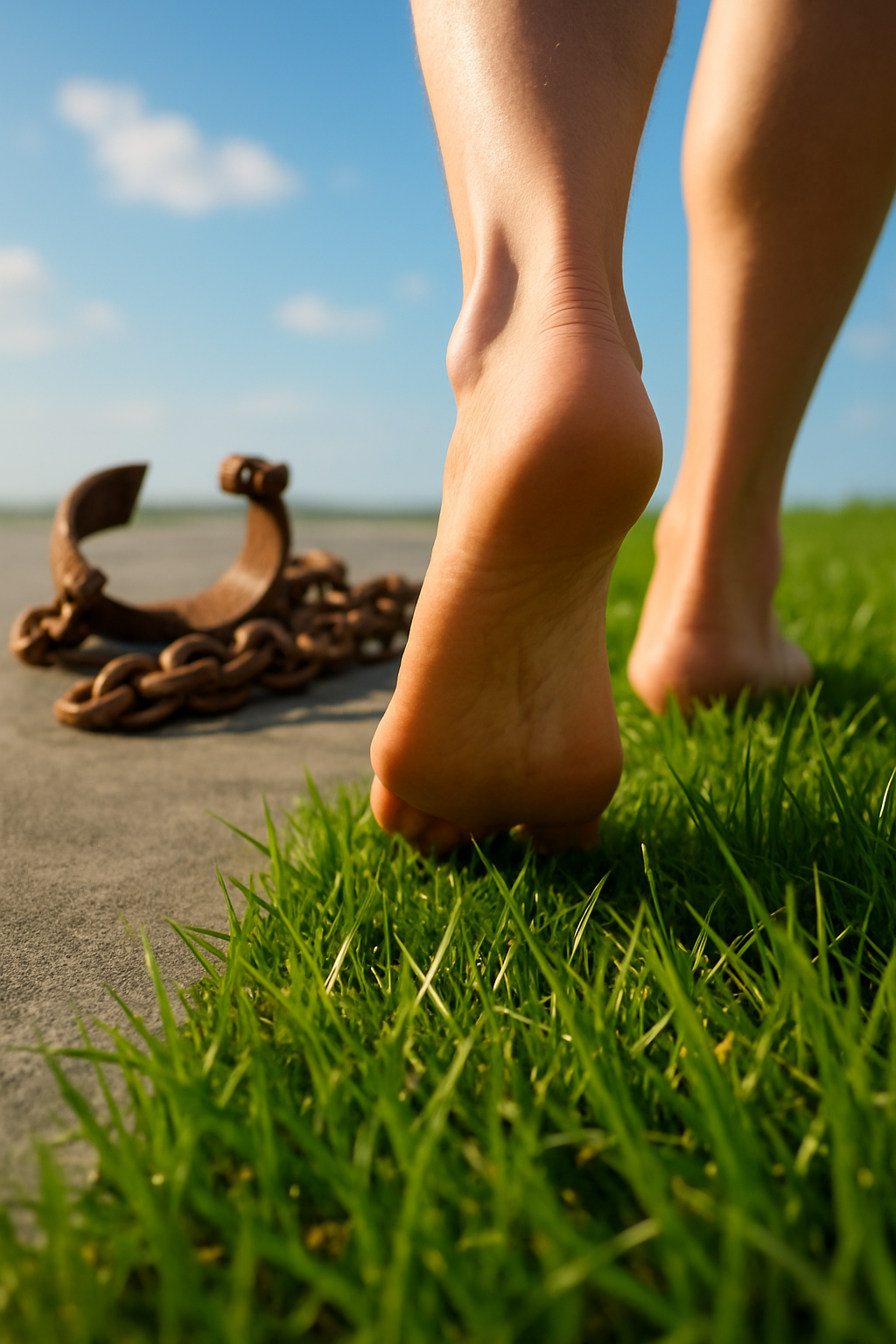 Image shows ankle shackles, open, on the pavement and a pair of feet walking away depicting freedom