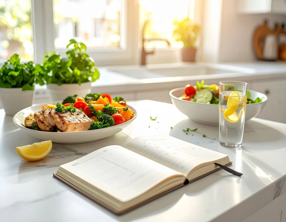 Weight Loss - Image of a recipe book on the counter with vegetables and water.
