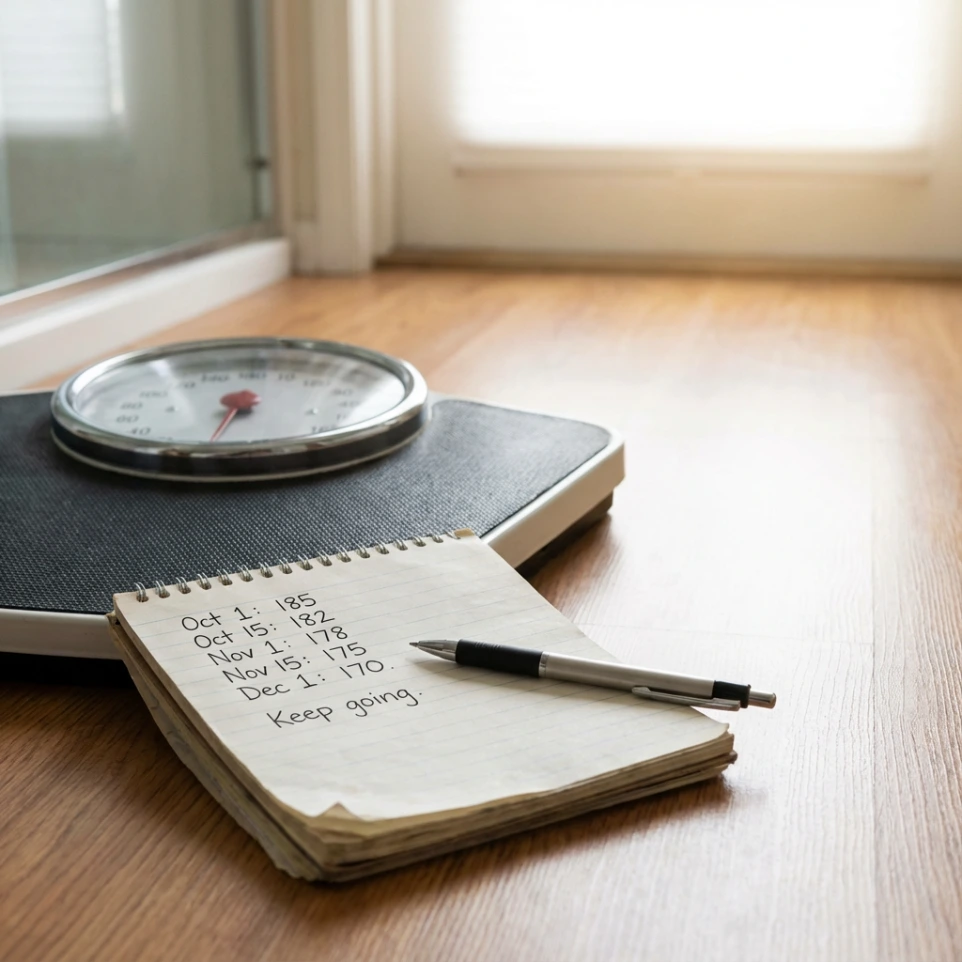Weight Loss - Image of record book showing each month and a record of the weight for that month