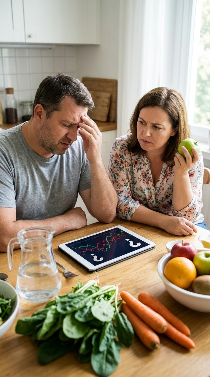 Weight Loss - Image showing a man and a woman in their kitchen with a look of puzzlement trying to figure out why they are struggling to lose weight even though they are exercising and eating right. 