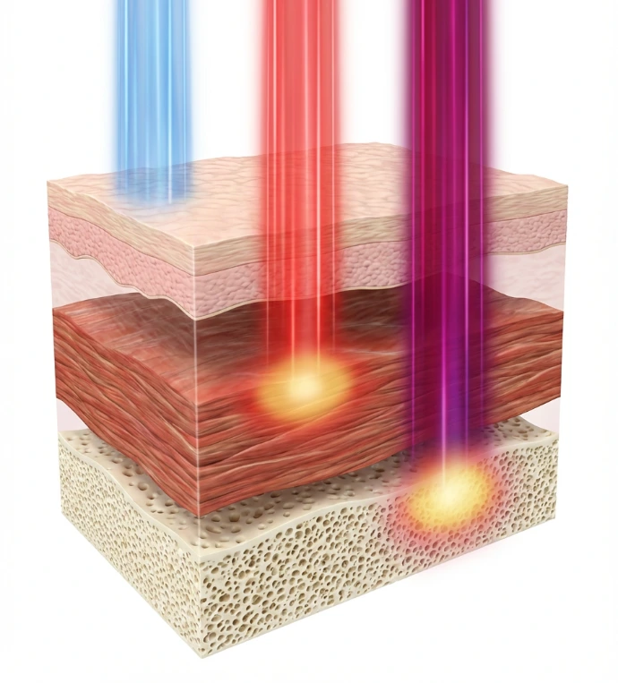 LED Light Therapy - image showing the layers of skin, muscle, and bone.  A blue light beam on the left comes down from the top of the image and stops on the skin layer.  Next to it a red light beam comes down and passes the skin layer and stops at the muscle layer, next to it a purple light beam comes down and passes skin and muscle layers, and stops at the bone layer.  This is depicting the different light wavelengths available in our light therapy equipment and the layers of the body that it works with for healing. 