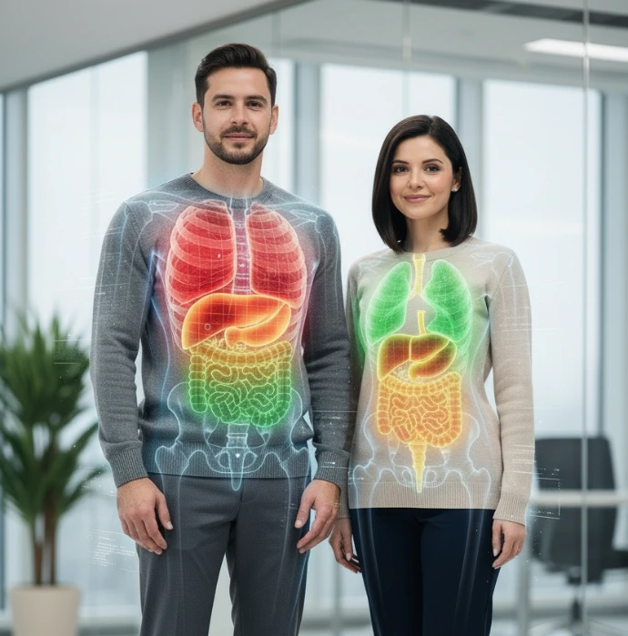 Overall Health - image showing how every person is different and their organs are all operating at different levels of balance, stress, or weakness.  Image of man and woman standing next to each other and a holographic set of organs are showing for each of them.  The mans lungs are red, liver is yellow, and intestines are green.  Woman's lungs are green, liver is red, and intestines are yellow.